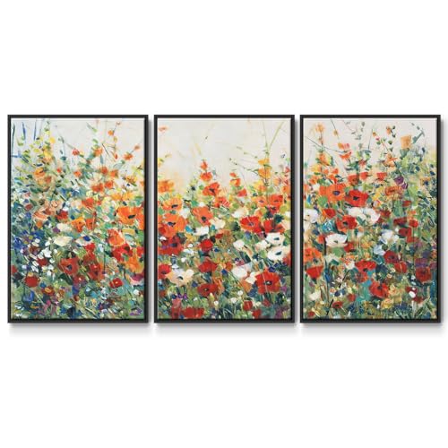 Renditions Gallery Floral Wall Art Garden in Bloom Colorful Flowers Painting Modern Abstract Artwork Canvas Prints Wall Decoration for Living Room and Bedroom-Black Floater Frame-26”x40”x3 Panels, LS014