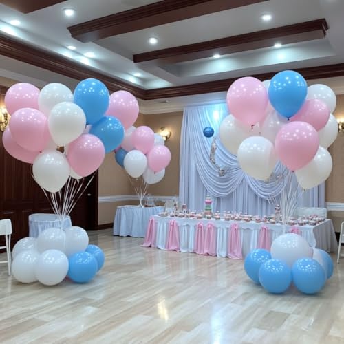 Image of 300 Pack White Pink and Blue Balloons 100 of each of the 3 colors 12 inch White Light Pink Light Blue Latex Party Balloon Bulk for Various Party Events Decorations