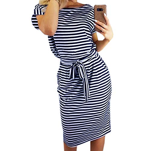 Image of PALINDA Women's Striped Elegant Short Sleeve Wear to Work Casual Pencil Dress with Belt