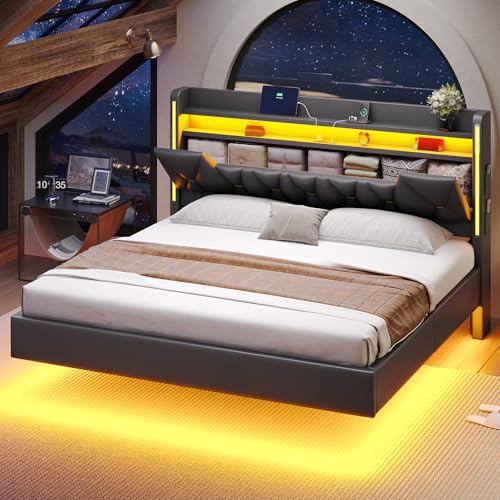 busyaeh King Size Bed Frame with Storage Headboard, Floating Bed