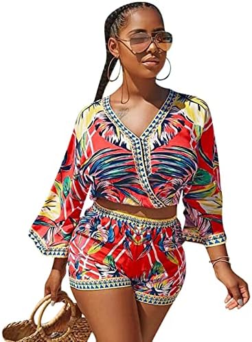 Womens 2 Piece Summer Fashion Outfits Two Piece Crop Top Shorts Sets for Women, Boho Floral Print Romper Jumpsuits