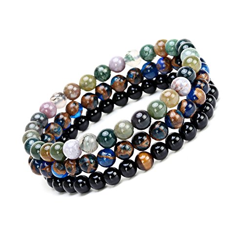 SEVENSTONE 2PCS Black Matte Onyx Prayer Beads Bracelet for Men Women Elastic Natural Stone