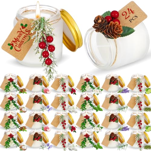 Conelist Juego de 24 velas perfumadas de Navidad, mini velas de tarro de masón, velas de aromaterapia de Navidad de 4 onzas, velas de cera de soja con adornos hechos a mano y etiquetas para el hogar,