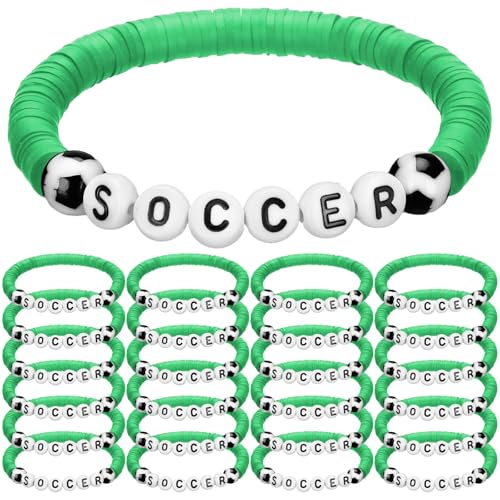 Trnayi 24 Pcs Soccer Party Favor Gift Bracelets Stackable Clay Beaded Bracelets Soccers Beaded Ball Adjustable Clay Bracelet Jewelry for Soccer Event Sports Gifts Supplies(Green) by Trnayi - Used condition - US$13.06
