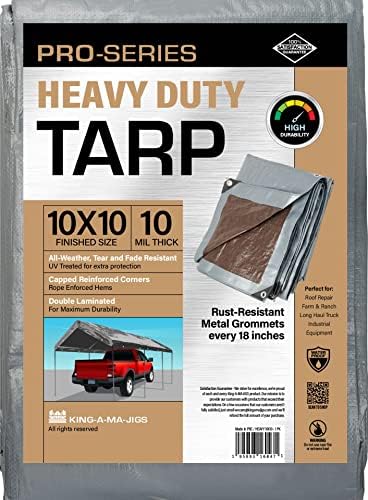 10x10 Heavy Duty Tarp, 10 Mil Thick, High Durability, Tear & Fade Resistant, UV Treated, Grommets Every 18 Inches (10' x '10')