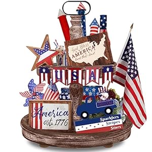 12 Pieces 4th of July Decorations Farmhouse Patriotic Tiered Tray Decor Table Decorations Independence Day July 4th Decorations Wooden Signs for Memorial Day American Star Red White Blue Home Decor