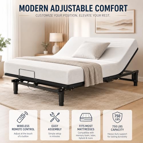 Image of Adjustable Queen Bed Frame with Head and Foot Incline Wireless Remote Ports USB, Under-Bed Nightlights, Zero Gravity Quiet Motor (Light Gray)