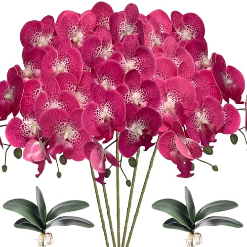 HinyoCo 5 Pcs Artificial Orchid Flowers and 2 Bundles Leaves,Artificial Phalaenopsis Flowers 32 Inch Stem Plants for Home Wedding Decoration (Rose red Spots)