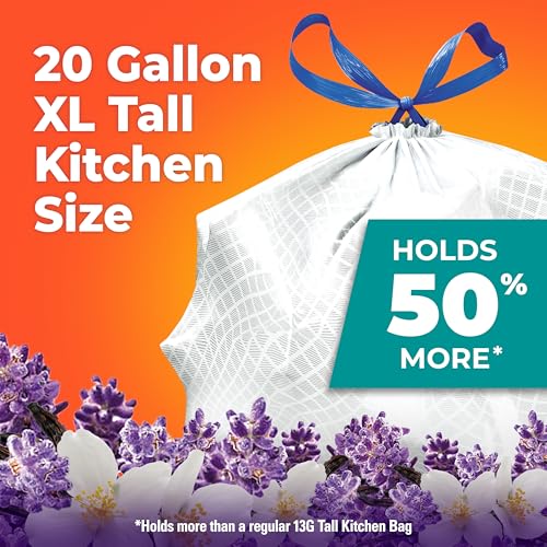 Image of Hefty Ultra Strong 20 Gallon Trash Bags, XL Tall Kitchen Trash Bags 20 Gallon Size, Drawstring Closure, Continuous Odor Control, White, Lavender and Sweet Vanilla Scent, 80 Bags