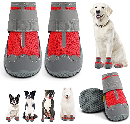 Image of PETANGEL Dog Boots for Hardwood Floor | Pack of 4pcs Breathable Dog Shoes | Dog Booties with Reflective Anti-Slip Sole | Outdoor Paw Protectors with Rubber Soles for Hiking and Running (Size: 4)