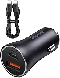 Kit Carregador Veicular Baseus USB-A + USB-C Turbo 60W, Cabo USB-C 1 metro, Golden Max Dual Preto