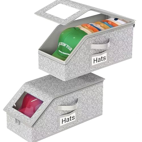 Stackable Hat Storage Boxes 2 Packs for Baseball Caps,Holds up to 24 Caps with Clear Window & Handles,Large Capacity Flip-Top Access Holder,Dustproof Hat Organizer for Closet,Home Storage & Travel