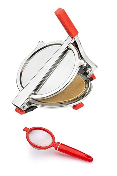 Giftswrap Kitchen Combo of Stainless Steel Puri/Roti Maker Press And Plastic Tea Strainer for Kitchen