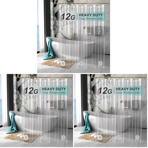 Image of AmazerBath Heavy Duty Shower Curtain Liner 12 Gauge, 72 x 72 Inches Clear Shower Curtain Liner with 3 Clear Stones and 12 Grommet Holes, Weighted Plastic Shower Liner (Pack of 3)