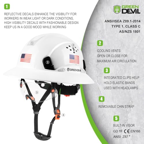 Full Brim Hard Hat with Built-in Visor Vented Construction Safety Helmet OSHA Approved Cascos De Construccion Work Hardhats Helmets with Cooling Towel for Men&Women Adjustable Ratchet Suspension