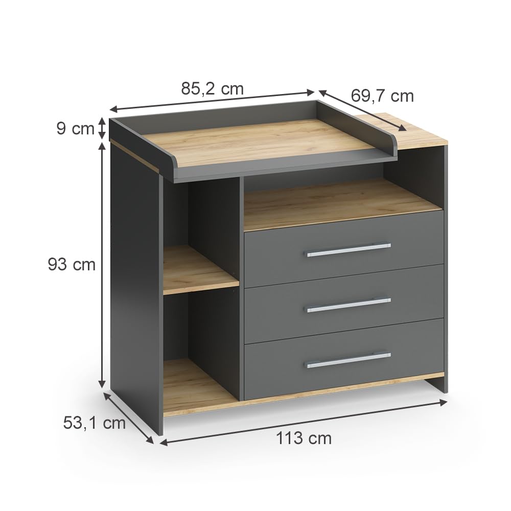 Vicco Cambiador Oskar, Antracita/Roble Dorado, 113 x 93 cm con 3 cajones, Convertible en cómoda Gracias al Cambiador extraíble