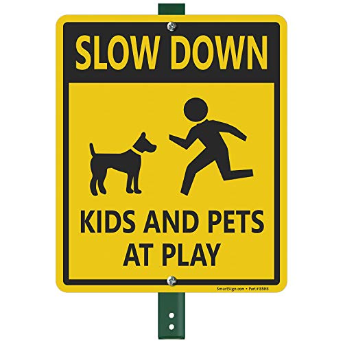 SmartSign "Slow Down - Kids And Pets At Play" LawnBoss® Sign | 10" x 12" Aluminum Sign With 3' Stake