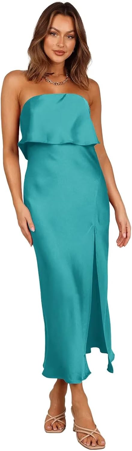 Smileven Strapless Satin Bridesmaid Dresses with Slit Midi Length Formal Wedding Guest Gowns