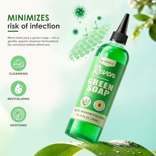 Jconly Professional Tattoo Green Soap Kit, 3-in-1 Concentrated Tattoo Cleanser with Witch Hazel & Aloe Vera for Skin Prep, Cleaner Wipes & Smooth Tattoo Sessions, Includes Foam Pump Bottle, 10oz — view 3