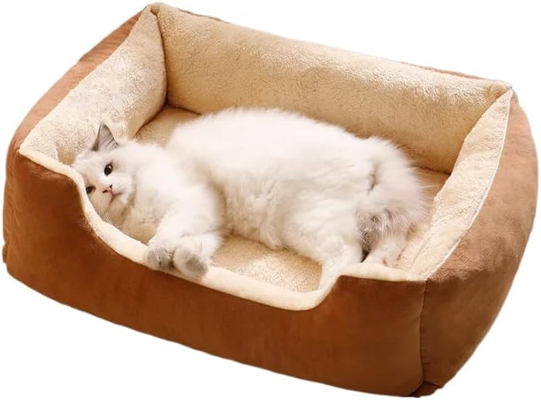 Bed for Dog Cat Pet Square Plush Kennel Medium Small Dog Sofa Bed Cushion Pet Calming Dog Bed House Pet Supplies Accessories (Brown)