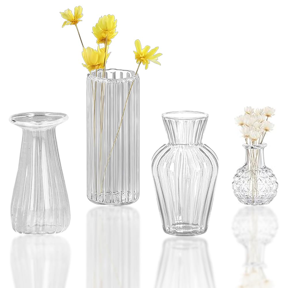 Miupoo Write Mini Clear Glass Bud Vases Bulk,Small Ribbed Vintage Miniature Vases For Table Decorations Centerpieces,Flower Vase For Wedding Decor Rustic Decorative,4Pieces,Vertical Striped Vase