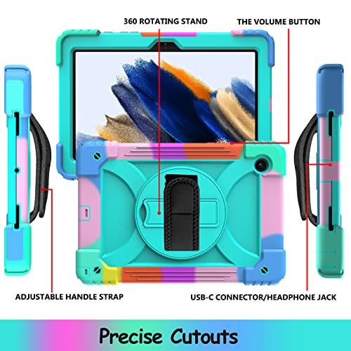 Ltrop Case For Samsung Galaxy Tab A8 10.5 Inch 2022 (Sm-X200/X205/X207), Galaxy Tab A8 Case, Protective [Hand Shoulder Strap] [Swivel Stand] Kids Case For Samsung Galaxy Tab A8 10.5” 2022, Aqua Teal #TOP5