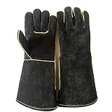 Ywlanlantrading Handschuh Extrem hitze- und feuerfeste Handschuhe Leder Perfekt für Kamin, Ofen, Ofenhandschuh, Grillgrube, Schweißen, Ofen, Grill, Mig, Topflappen, Schwarz, 16 Zoll