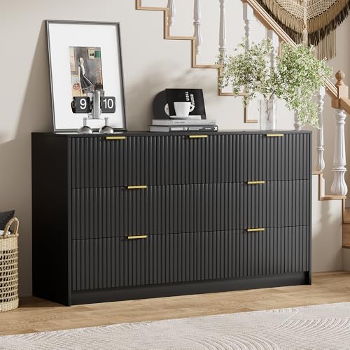 Image of Furniway Black Dresser Bedroom Set 3 Pieces, Nightstands Sets of 2, 7 Drawer Dresser with Gold Handles for Bedroom
