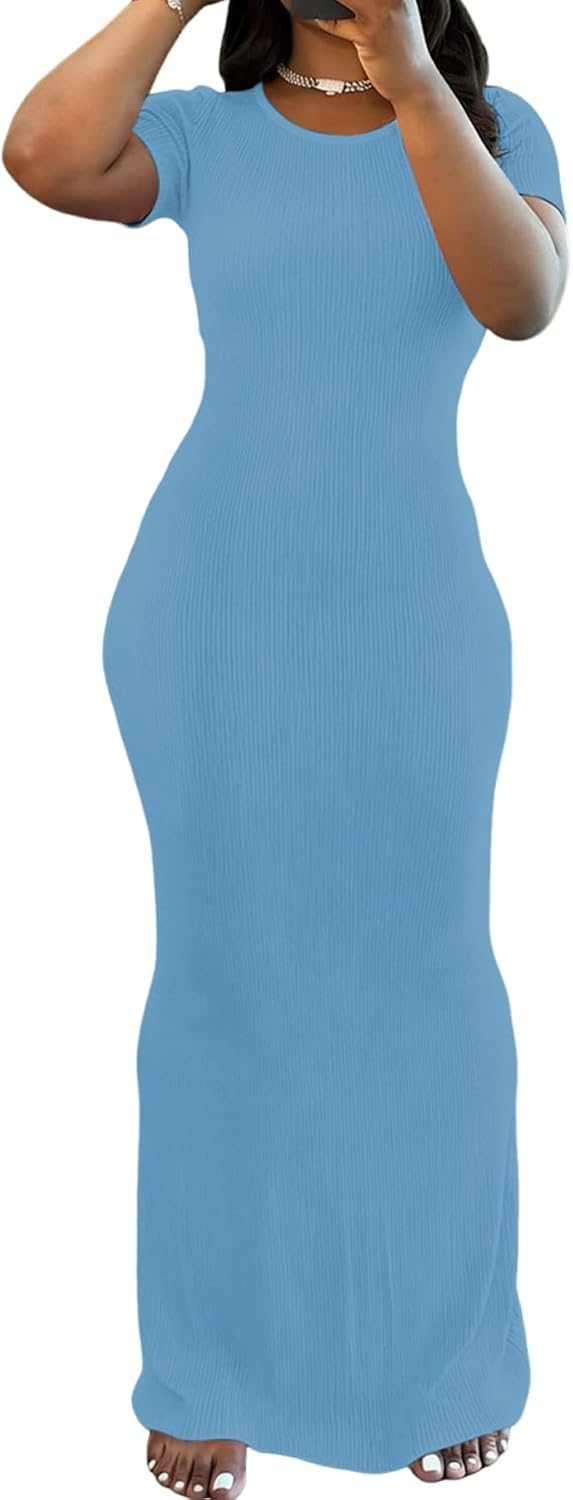 PINSV Women Summer Casual Bodycon Maxi Dress Scoop Neck Short Sleeve Long Dresses Club Party