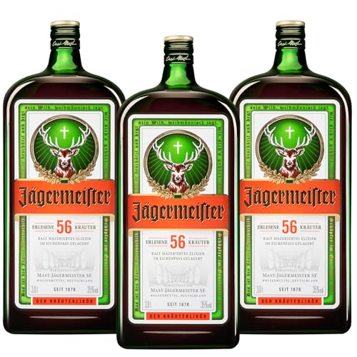 Jägermeister – 3 x 3l Premium Kräuterlikör 35% Vol. - Integrierte Ausschankhilfe für den perfekten Shot – 56 erlesene Kräuter – Im Eichenfass gelagert – Das Original aus Wolfenbüttel