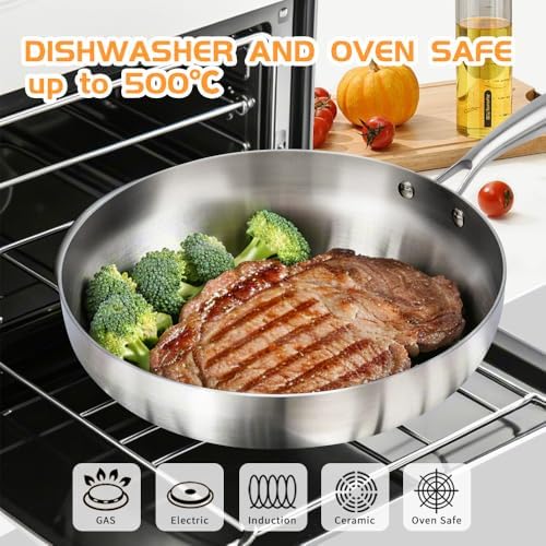 VALESKA 12-Inch 5-Ply Stainless Steel Frying Pan, Skillet, Induction Cooking Pan, Oven Safe to 500°F, Fast & Even Heat, Heavy Duty, Dishwasher Safe Cookware