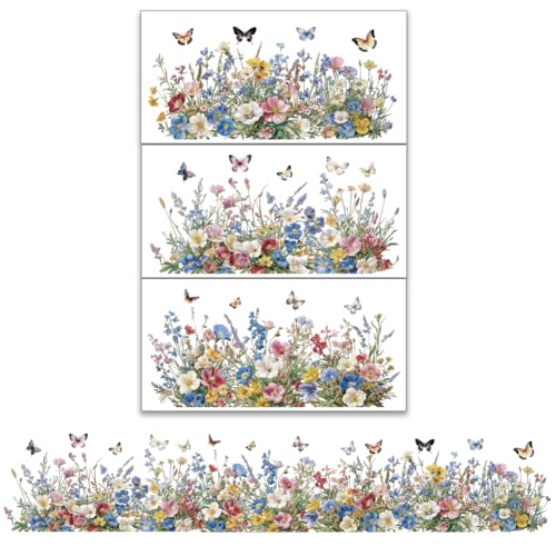 OLYCRAFT Set 3 Pz Fiori Trasferimenti per Mobili e Artigianato 30x15cm, Decalcomanie in Legno con Erba Farfalle, Adesivi Trasferibili per Decorazione Casa