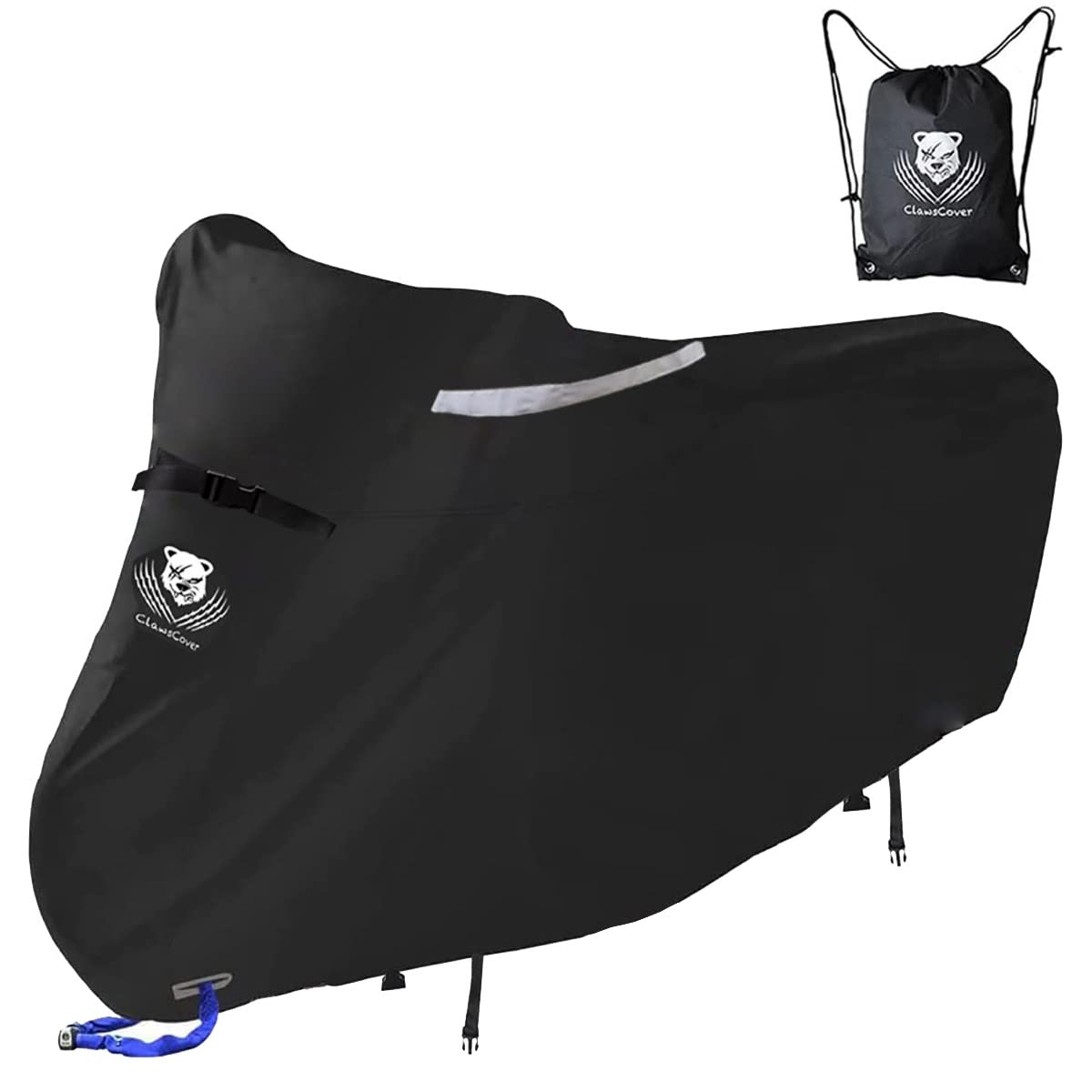 (2022 New) ClawsCover 116" Motorcycle Covers Waterproof Outdoor Protection Heavy Duty Polyester Cloth Anti-Fade Rip-Off with 5Pcs Windproof Strap,Lock Hole,Stationary Use or Travel Use for Truck RV
