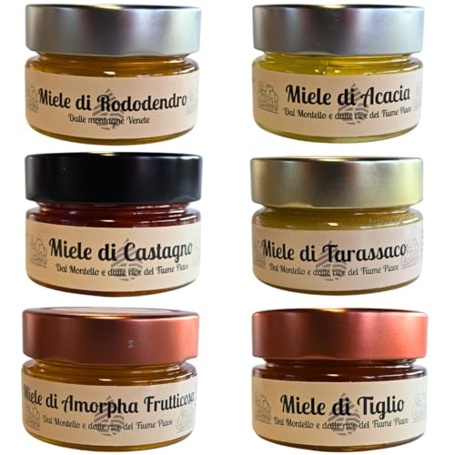 Moretto Farm – Mieles italianas 100% crudas de rododendro, acacia, tilo, castaño, diente de león y amorfa – Pack de 6×150 g – Mieles naturales artesanales de floraciones seleccionadas