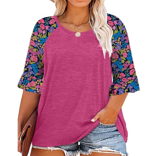 HDLTE Womens Plus Size 3/4 Sleeve Tops Crewneck Floral Ruffle Sleeve Shirts