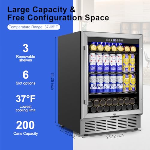 Image of Beverage Refrigerator 24 inch-200 Can Drink Fridge with Glass Door, Under Counter /Freestanding Beverage Cooler with Temperature Memory, Reversible Door, Quick Cooling, Cooler for Beer, Soda, Wine