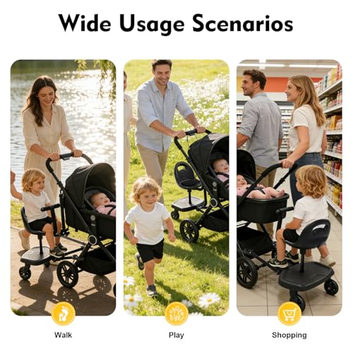 Baby Kiddy Board Universal Buggy Footboard 110 lbs Capacity Ride-On Board with Removable Seat & 360° Swivel Wheels Adjustable Standing Platform for Kids 2-6 Years - Image 5