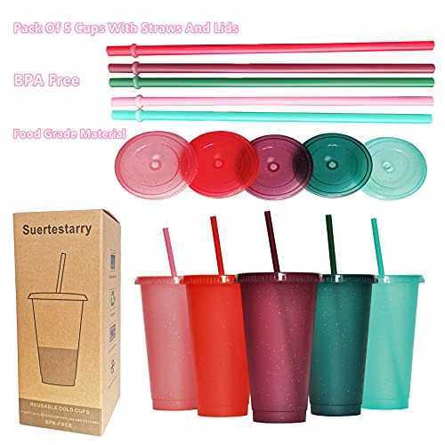 Suertestarry Tumbler With Straw And Lid,Water Bottle Iced Coffee Travel Mug Cup,Reusable Plastic Cups,Perfect For Parties,Birthdays,24Oz-5 Pack (Rainbow Glitter(24Oz) #TOP1