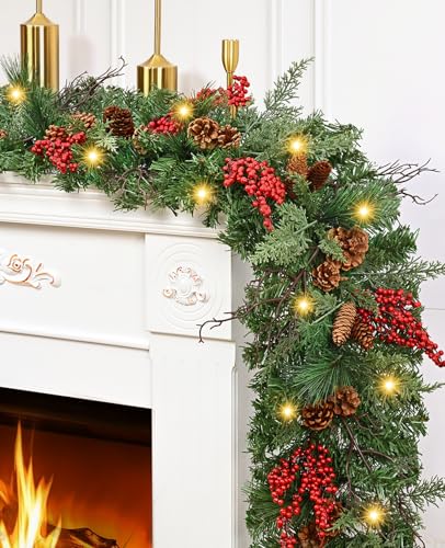 Christmas Garland with Lights, 6 FT Christmas Garland for Mantle,