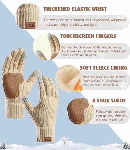 Image of Womens Beanie Hat Scarf Gloves Set 3PCS,Fleece Lined Winter Skull Cap Thick Knit Scarf Anti-slip Touchscreen Gloves Unisex