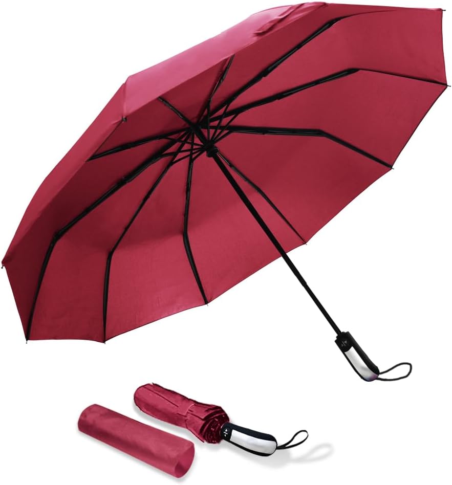USA Folding Umbrella 10 Ribs Compact Travel Umbrella with Teflon Coating, Automatic Umbrellas Anti UV Coating Folding Umbrellas, Burgundy