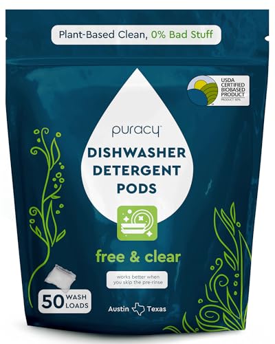 Puracy Dishwasher Pods, Natural Dishwasher Detergent, Free & Clear Dish tabs - Enzyme-Powered, Spot & Residue Free - TikTok Trend Items, Must Haves from TikTok Made Me Buy It (Free & Clear, 50 Count)