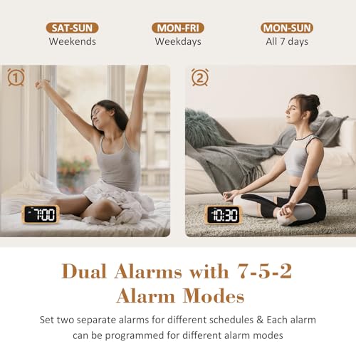 Image of Odokee Digital Dual Alarm Clock for Bedroom, 0-100% Dimmer, Weekday /Weekend Mode, Easy to Set, USB Charger, Adjustable Alarm Volume with 5 Alarm Sounds, Snooze, 12 /24Hr, Battery Backup (Wood Grain)