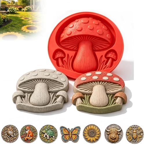 Reusable Sunflower Stepping Stone Mold, DIY 15.7in Round Stepping Stone Molds, Create Your Own Garden Art, Bee Sunflower Frog, Mermaid Designs Paver Mold, Concrete Casting Mold (Mushroom-1pcs)