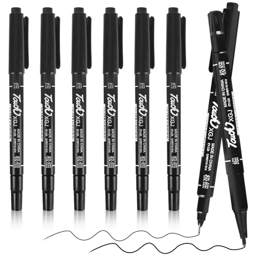 JYSNOW 6 Stück Permanent Marker, Permanentmarker Fein, 0,5/1,0mm Doppelspitze Permanent Marker, Wasserfest Stifte mit Feiner Spitze, für Kunststoff, Karton, Holz, Metall, Glas, Schwarz