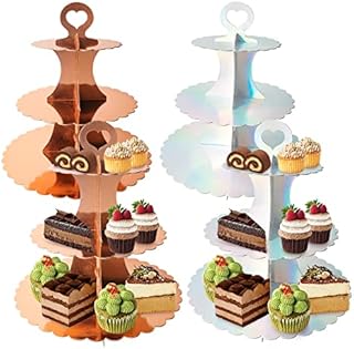 4 Pack 3 Tiers Cardboard Cupcake Stand for Afternoon Tea, Disposable Dessert Tower Cardboard, Round Cupcake Display Stands for Afternoon Tea, Birthday Party, Wedding(Silver & Rose Gold)