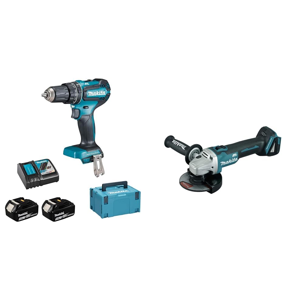 Perceuse à percussion 18V LXT (2x5.0 Ah) en MAKPAC - MAKITA DHP485RTJ & DGA504Z - Mini-meuleuse à batterie 18V lithium-ion 125 mm BL seule machine sans chargeur ni batterie 60 x 450 mm,Noir