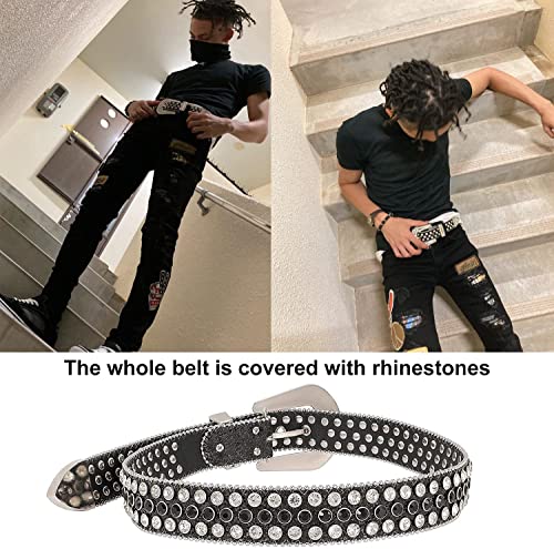 Vxrxal Men Fashion Rhinestone Belt Western Bling Studded Design Leather Diamond Belt For Jeans (L:fits Waist Size 38''-42'', Black) #TOP2