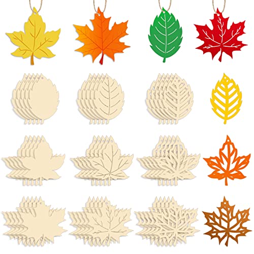 Whaline 45Pcs Thanksgiving Unfinished Wooden Cutouts Maple Leaf Shape Blank Wood Pieces 9 Styles Fall Diy Ornament Tree Hanging Leaf Wood Tags With Hemp Rope For Fall Harvest Party Art Craft Decor #TOP29