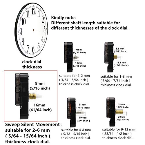 TIKROUND 12888 2 Pack Clock Movement Mechanism with 4 Pairs of Short Hands Battery Silent Sweep Operated Quartz Clock Motor Kit DIY Repair Parts Replacement,Total Shaft Length is 16 mm (41/64 inch).